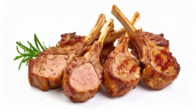 roasted lamb chops with herbs on white background