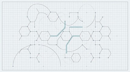 Obraz premium Technical schematic drawing with geometric network on grid paper, engineering blueprint concept