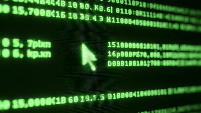 Green Terminal Scanline Data Blocks Loading Cursor - A close-up view of a green digital screen displaying lines of code and numbers.
