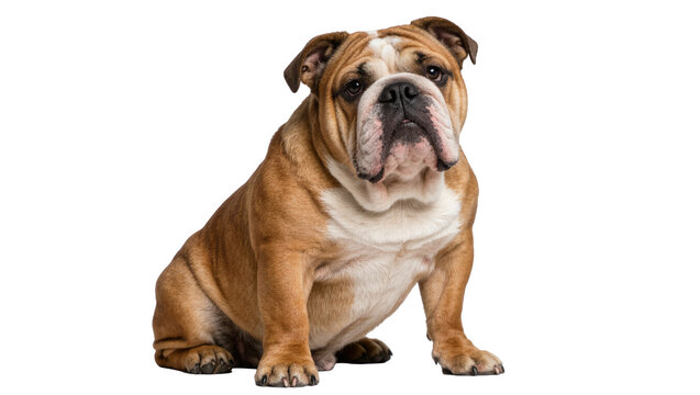 Brown and white bulldog sitting, isolated on transparent background