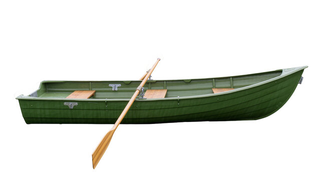 Green metal rowboat with wooden seats and oar, isolated on transparent background
