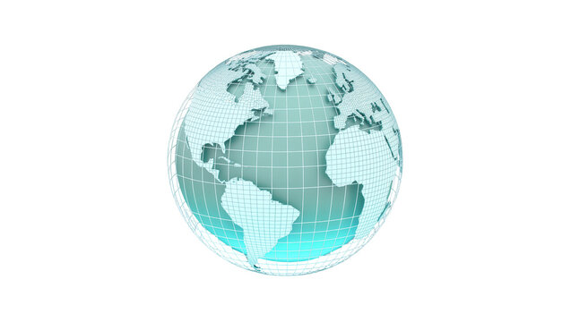 Wireframe globe with continents and grid lines, isolated on transparent background