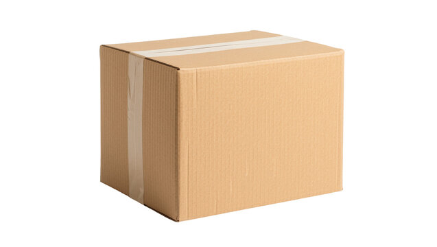 Cardboard shipping box sealed with tape, isolated on transparent background