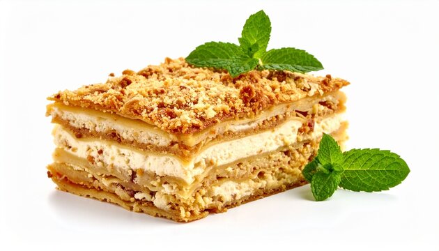 layered honey or tiramisu cake slice with crumb