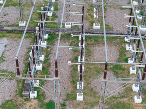 Aerial view of a high-voltage main inlet substation in the Tenaga Nasional Berhad transmission grid featuring metal structures and electrical insulators in Central Seberang Perai, Penang, Malaysia.