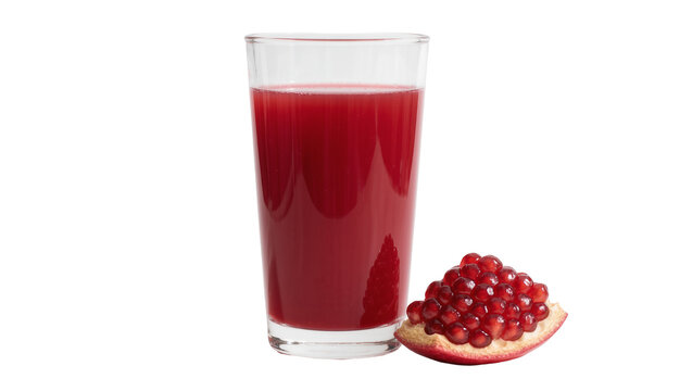 Tall glass of vibrant red pomegranate juice with a fresh pomegranate slice, isolated on transparent background