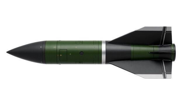 Military missile with dark nose cone and fins, isolated on transparent background