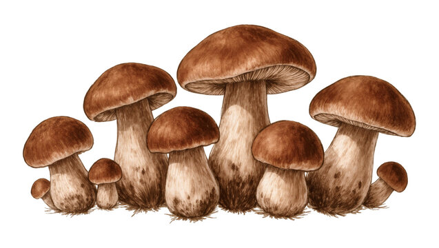 Group of brown porcini mushrooms with textured caps and stems, isolated on transparent background