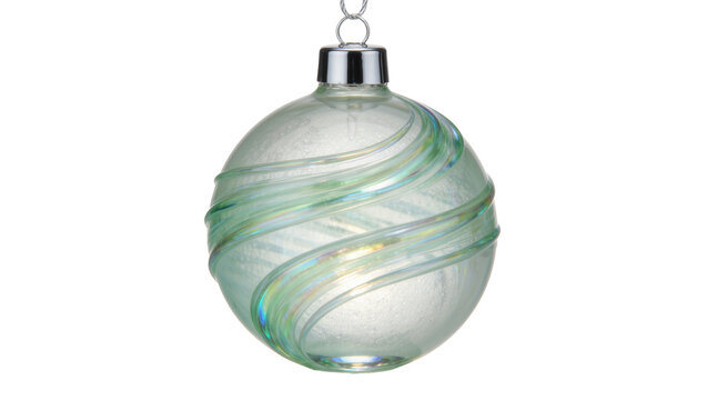 Frosted glass Christmas ornament with swirling aqua and iridescent ribbons, isolated on transparent background