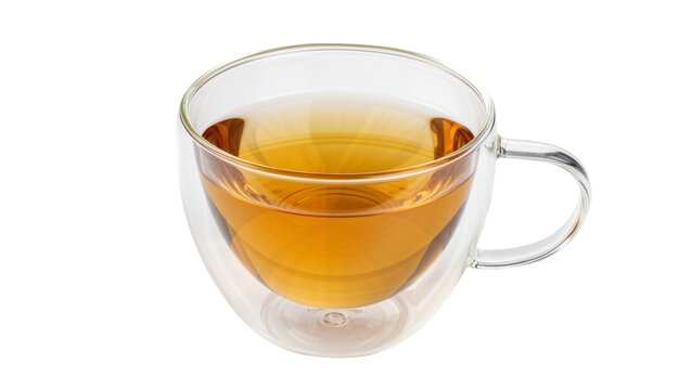Clear double-walled glass mug filled with amber herbal tea, isolated on transparent background