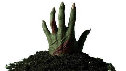 Green zombie hand with long claws emerging from dark soil, isolated on transparent background © Giulia