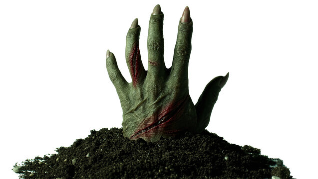 Green zombie hand with long claws emerging from dark soil, isolated on transparent background