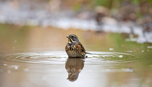 Reed Bunting Bird Bathing in Shallow Water with Ripples and Reflection Wildlife Nature