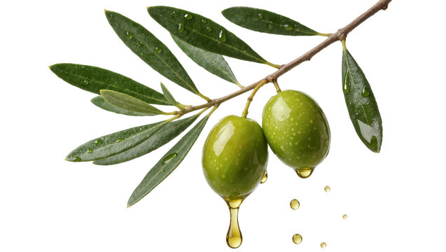 Two ripe green olives with oil dripping on a branch with leaves, isolated on transparent background