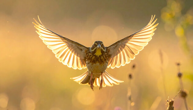 Close up of a wild bird in flight with wings spread wide illuminated by golden hour sunlight