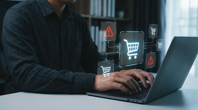 Man using laptop with digital shopping cart icons representing ecommerce issues