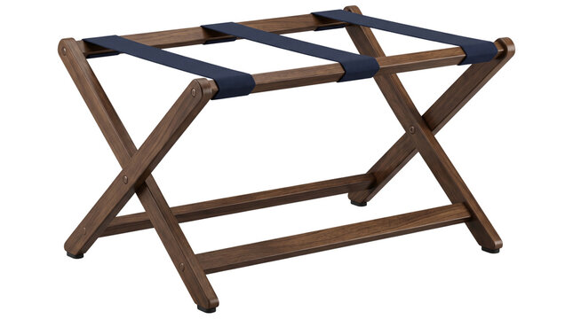 Folding wooden luggage rack with broad fabric straps isolated