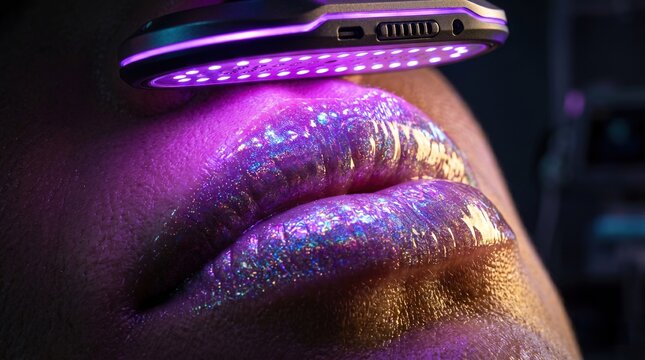 Macro close up of plump female lips with glitter gloss receiving targeted LED light therapy device treatment
