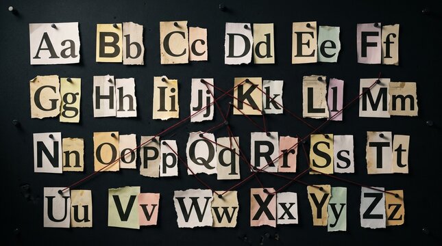 Letters of the alphabet cut from paper and pinned to a black board with red string connected between them with cutouts uppercase lowercase