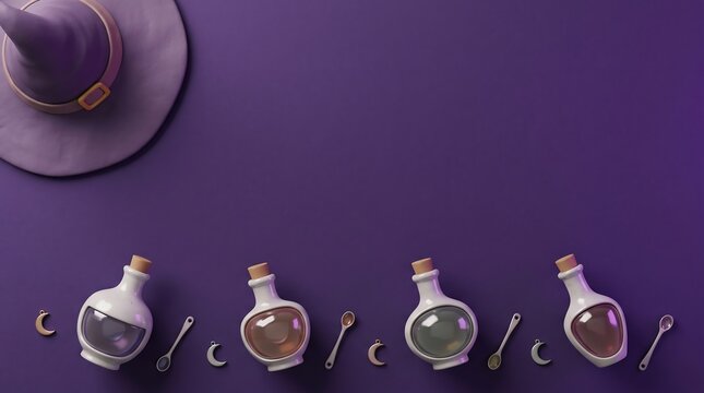 Purple themed composition featuring a witch hat and small magic potion bottles with tiny metal spoons