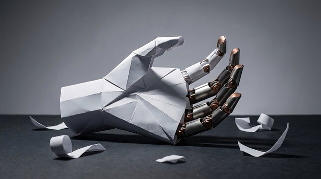 Origami robotic hand made of white paper craft on dark surface, creative technology concept