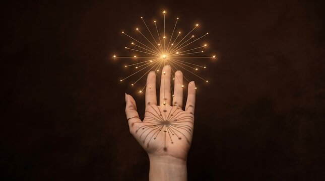 Open palm reaching up toward glowing constellation nodes, mystical magic and destiny concept