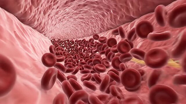 Red Blood Cells Flowing Through Artery with White Blood Cell - A close-up, ultra-realistic animation depicts red blood cells and a single white blood cell moving through a detailed artery.
