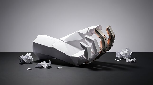 Origami robotic hand with white paper and metallic gears on black table, creative technology