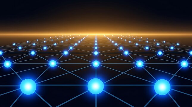 Glowing blue plexus network nodes connecting across digital cyberspace horizon, technology