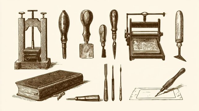 A collection of bookbinding and printmaking tools with crosshatch shading on a white background.