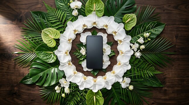 Smartphone with tropical leaves and white orchids on dark wooden background, nature flat lay