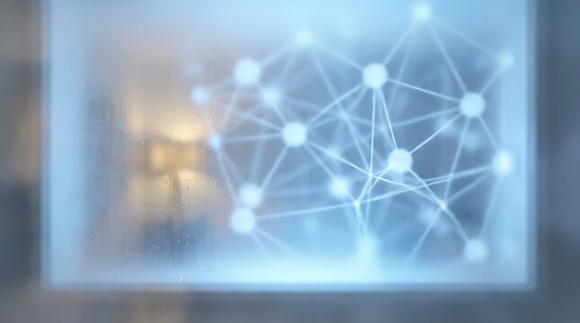 Abstract glowing blue network behind frosted glass with water droplets, digital art concept