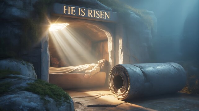 Empty Tomb of Jesus Christ with Rolled Stone and Divine Light Rays for Easter Resurrection Concept