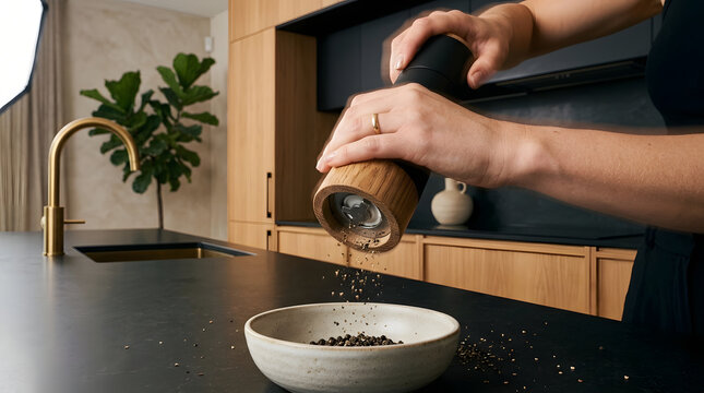 Close-up of hands using a modern wooden pepper mill to grind fresh black peppercorns in a stylish designer kitchen.