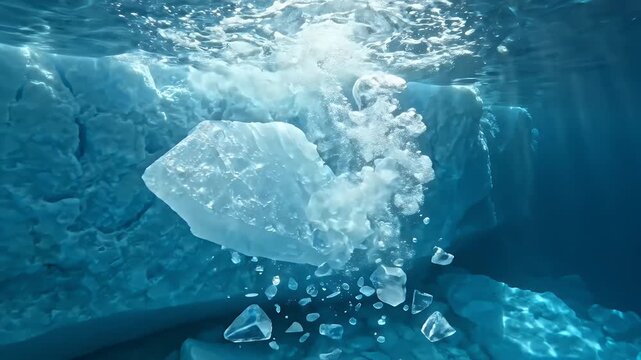 Underwater Glacier Ice Melting and Breaking Apart - Submerged view of massive glacier ice breaking off and melting in slow motion underwater.