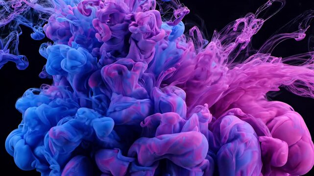 Vibrant Blue and Pink Ink Swirls in Dark Water - Abstract swirls of vibrant blue and pink ink slowly diffuse and blend into a dark, liquid environment.