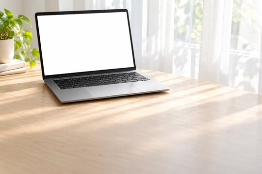 Open laptop with white blank screen on a wooden desk