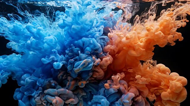 Vivid Blue and Orange Inks Exploding in Black Water - Vibrant blue and orange ink clouds swirl and mix in dark water, creating a dramatic and abstract explosion of color.
