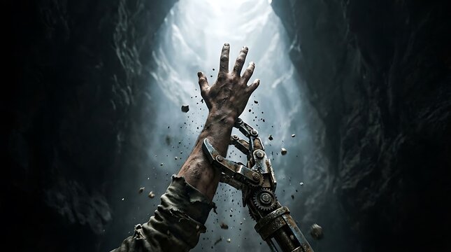 Robotic arm reaching to grab human hand in dark rocky cave, dramatic rescue concept
