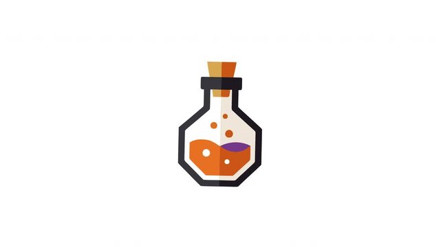 A magical glass flask containing a bubbling orange potion with a wooden cork stopper ready for mystical alchemy and fantasy experiments performed by learned wizards in an ancient dark laboratory