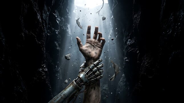 Mechanical robot hand grasping human arm tightly in dark rocky cave, dramatic tension