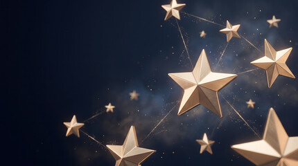 Obraz premium Golden paper stars scattered against a dark navy blue background festive celebration