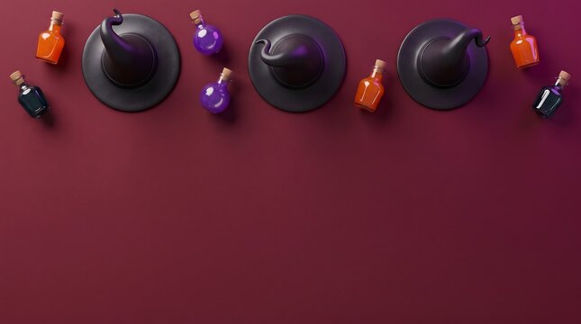 Witch hats and colorful magic potion bottles arranged on a dark red surface for Halloween celebration