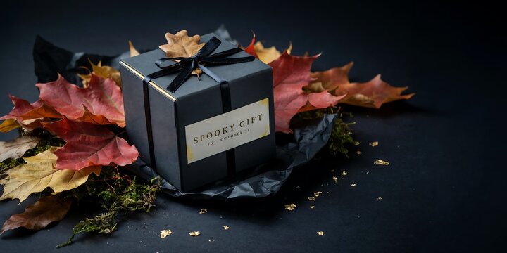 Elegant navy gift box with gold &ldquo;Vincent Jules&rdquo; lettering, black satin ribbon, surrounded by autumn maple leaves and pinecones on a dark surface