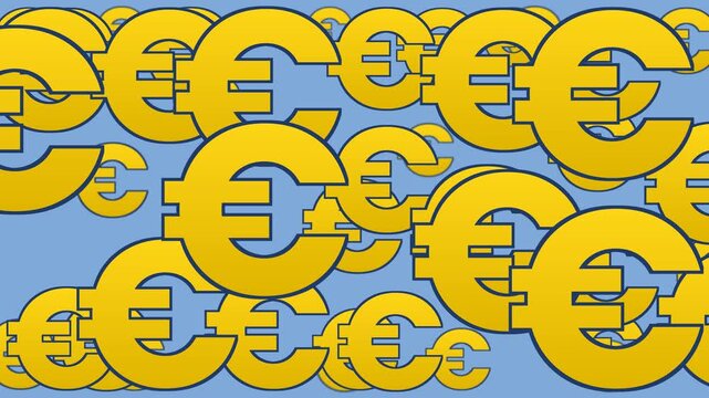 Seamless loop. Golden euro symbols march across light blue screen in horizontal animation. Dense pattern of currency icons in varied sizes conveys European finance and economic growth themes.