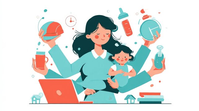 Flat illustration of a working parent with many arms juggling a laptop, baby, clock and home icons, in a clean modern style