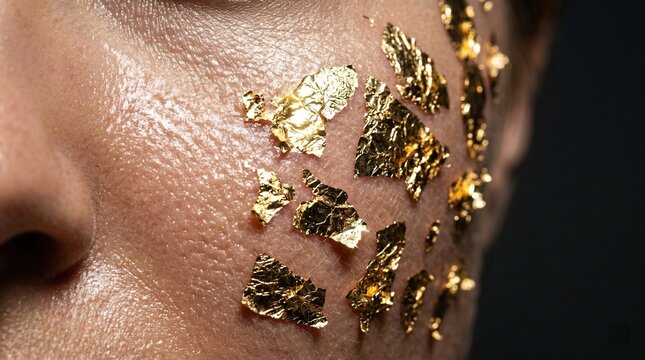 Extreme macro close up of real 24k gold leaf flakes applied to hydrated human skin for luxury facial