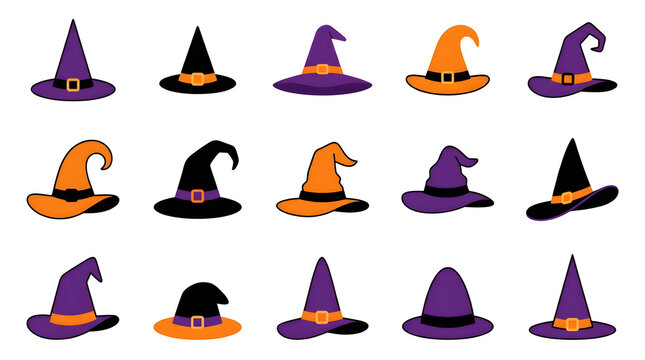 Set of various witch hats in orange purple and black colors arranged in a grid for festive autumn halloween season celebration design