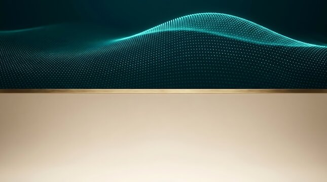 Glowing teal digital wave particles with luxury metallic gold trim line, modern background