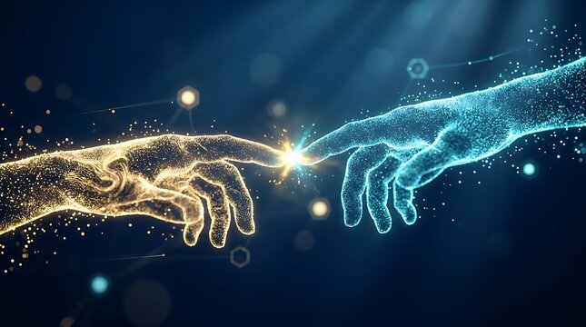 Glowing digital hands reaching to touch through particles, artificial intelligence and technology